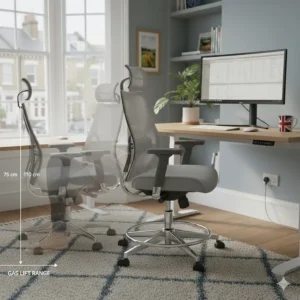 An illustration showing the gas lift range of a drafting chair for a standing desk, suitable for various high-level counter heights.