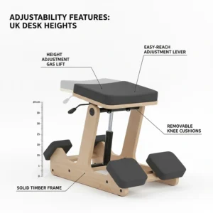 Detailed view of the height adjustment gas lift on a kneeling chair, designed for various UK desk heights.