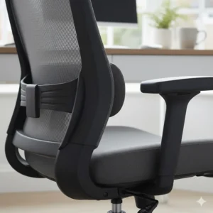 Close-up of the adjustable lumbar support feature on an affordable mesh desk chair.