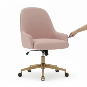 Demonstrating the gas lift height adjustment feature on a pink velvet office chair with gold legs.