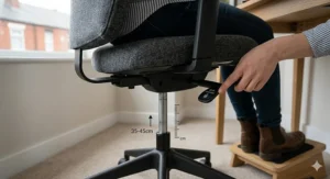 Illustration demonstrating the gas lift mechanism on a petite office chair, showing a low minimum seat height suitable for users under 5ft.