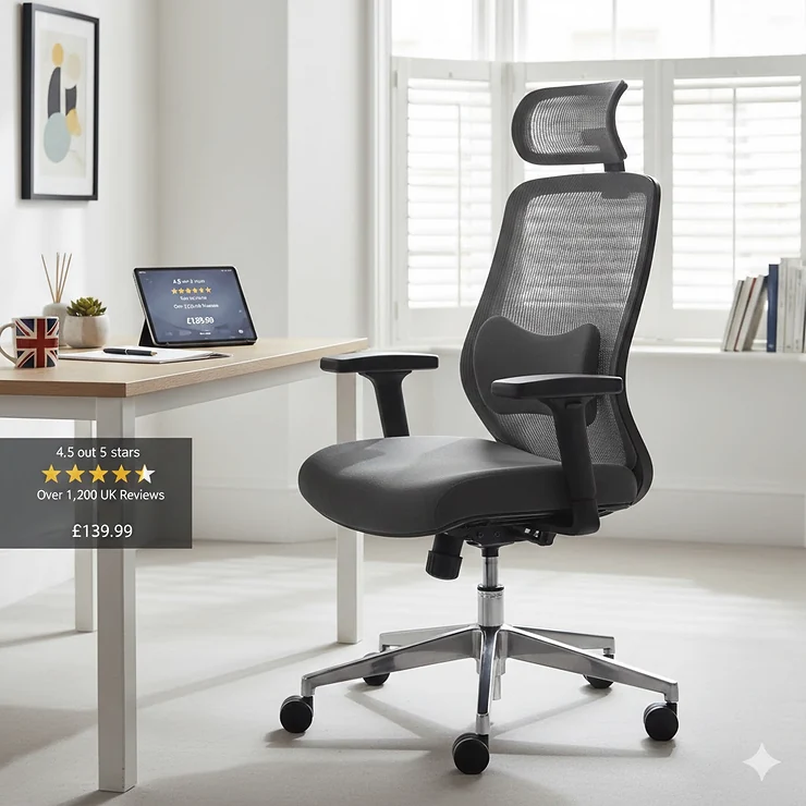 A high-quality ergonomic office chair with adjustable armrests and mesh back, priced under £150, showing high UK customer ratings. cheap ergonomic office chair under 150 with good reviews