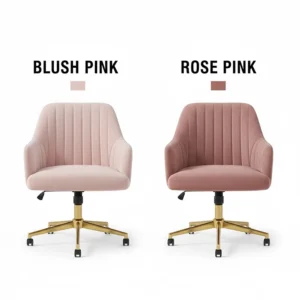 Comparison of blush pink and rose pink velvet fabric options for a boutique-style home office.