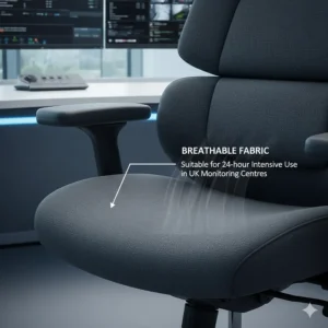 Close-up of durable, breathable fabric upholstery suitable for 24-hour intensive use in UK monitoring centres.