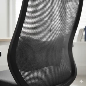 Illustration showing air circulation through a breathable mesh backrest on an affordable swivel chair.