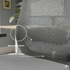 A detailed view of breathable mesh material and comfort fabric on a high-back drafting chair, ideal for temperature control in the office.