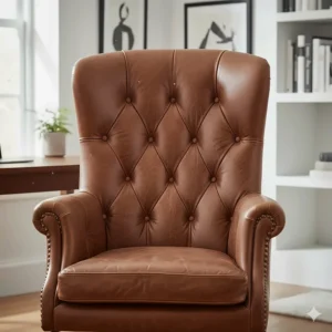 Deep button-back detailing on a tan brown leather desk chair, reflecting a classic British Chesterfield aesthetic.