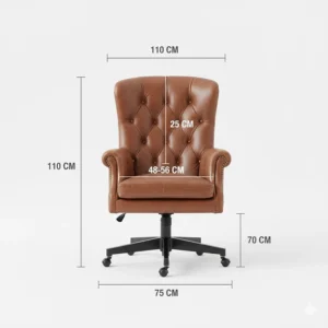 An illustrated guide showing the height, width, and seat depth measurements in centimetres for a vintage brown leather office chair.
