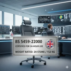 Illustration of the BS 5459 certificate icon, confirming the chair is rated for 24-hour use by persons up to 24 stone.