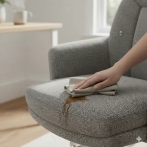 A person easily wiping a small spill off a fabric desk chair using a damp cloth, highlighting low-maintenance care.