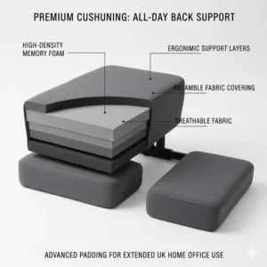 Close-up of high-density memory foam cushions on a kneeling chair, prioritising comfort for long periods of British WFH.