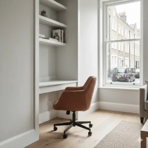 A compact vintage brown leather chair tucked into a modern, minimalist UK home office nook with a street view.