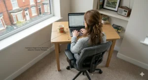 A compact, stylish office chair designed for shorter users, tucked into a typical small UK spare room or study nook.