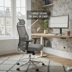 A compact drafting chair for a standing desk tucked into a modern, stylishly decorated British spare-room study.