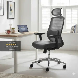A sleek, grey ergonomic chair tucked under a light oak desk in a modern, clean UK home office.