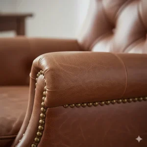 Close-up detail of distressed brown leather upholstery on a vintage office chair, highlighting the grain and brass studding.
