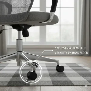 An illustration of safety-braked wheels on a drafting chair designed for maximum stability on hard wooden floors or laminate.