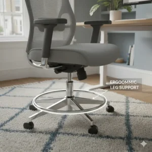 A close-up of a circular chrome foot ring on a tall office chair providing ergonomic leg and foot support.