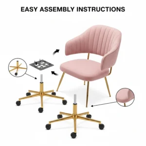 Exploded view diagram showing the simple assembly process for a pink velvet home office chair.