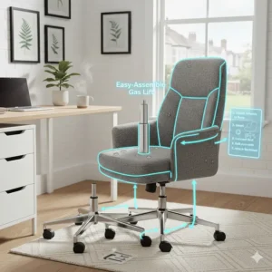 Simple diagram showing the quick assembly process for a fabric office chair, ideal for flat-pack home delivery.