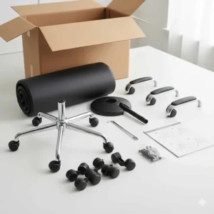 Box contents and easy-to-assemble parts for a budget-friendly faux leather executive chair.