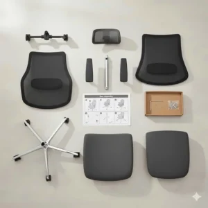 Overhead layout of office chair components including the base, castors, and an Allen key for simple home assembly.