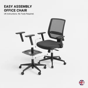 Simple step-by-step illustration showing quick assembly of a budget-friendly computer chair.