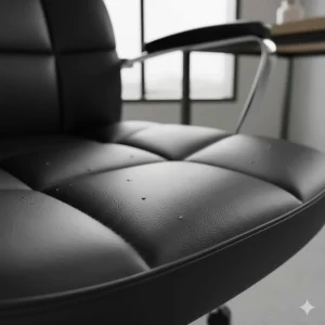 Detailed shot of durable, easy-clean faux leather material on an affordable office chair.