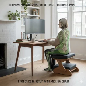 A properly configured British workstation featuring a kneeling chair, external monitor at eye level, and an organised desk.