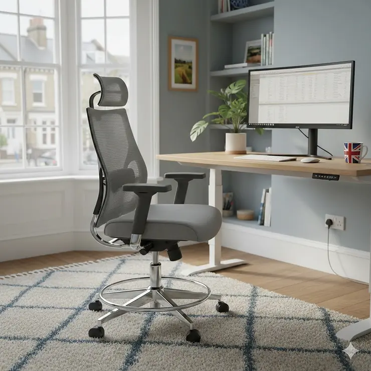 A professional UK home office featuring an ergonomic drafting chair for a standing desk, positioned near a window with natural light. drafting chair for standing desk