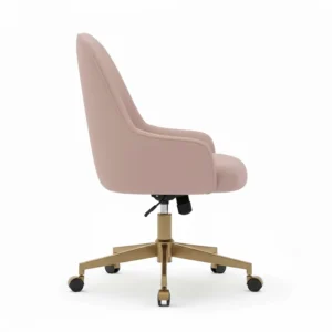 Side profile of a padded pink velvet swivel chair showing the sleek gold leg design.
