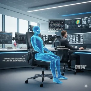 Diagram of a 24 hour office chair supporting a healthy spine and neck posture for control room operators.