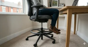 An ergonomic diagram showing the 90-90-90 rule for a short person: ankles, knees, and hips all at right angles while using a UK-spec task chair.