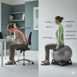 Side-by-side comparison of poor posture on a standard chair versus improved spinal alignment on a yoga ball chair.