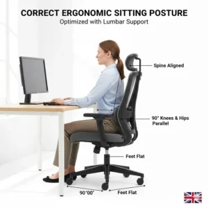 Diagram showing correct sitting posture and spine alignment using a chair with lumbar support.