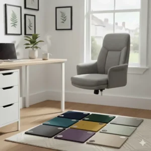 A range of contemporary British home decor colours including charcoal, navy, and forest green for the upholstered chair.