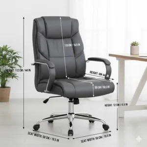 Diagram showing width and height measurements of a faux leather desk chair under £150.