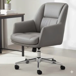Comfortable grey faux leather ergonomic desk chair with padded armrests for a home study.
