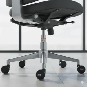 Illustration showing the heavy-duty steel base and reinforced gas lift of a 24/7 control room chair.