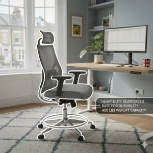 A sturdy, heavy-duty drafting chair for a standing desk featuring a reinforced base and high weight capacity for long-term durability.