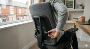 Illustration of an office chair with adjustable lumbar support positioned correctly in the small of a shorter user's back.