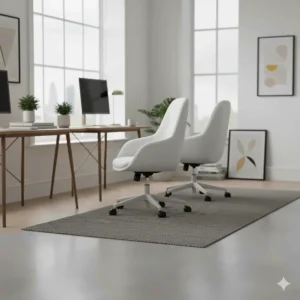 A row of white swivel chairs in a modern London office, showcasing a clean and professional aesthetic.