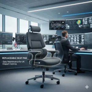 Illustration of replaceable seat pads and armrests for easy maintenance of 24 hour office chairs in UK dispatch centres.