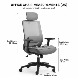 Illustration showing the seat width and height dimensions in centimetres for a compact UK workspace.