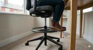 A desk chair featuring an integrated footrest or foot ring, allowing a person under 5ft to maintain a 90-degree knee angle.