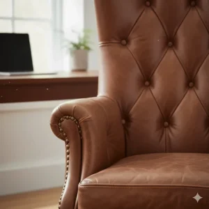 Detailed view of the padded leather armrest with decorative brass studding on a vintage-inspired executive chair.