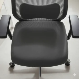 Top-down view of a thick, padded foam seat cushion on a highly-rated ergonomic office chair under £150.