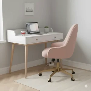 A compact pink velvet office chair with gold legs tucked under a white desk in a UK flat.