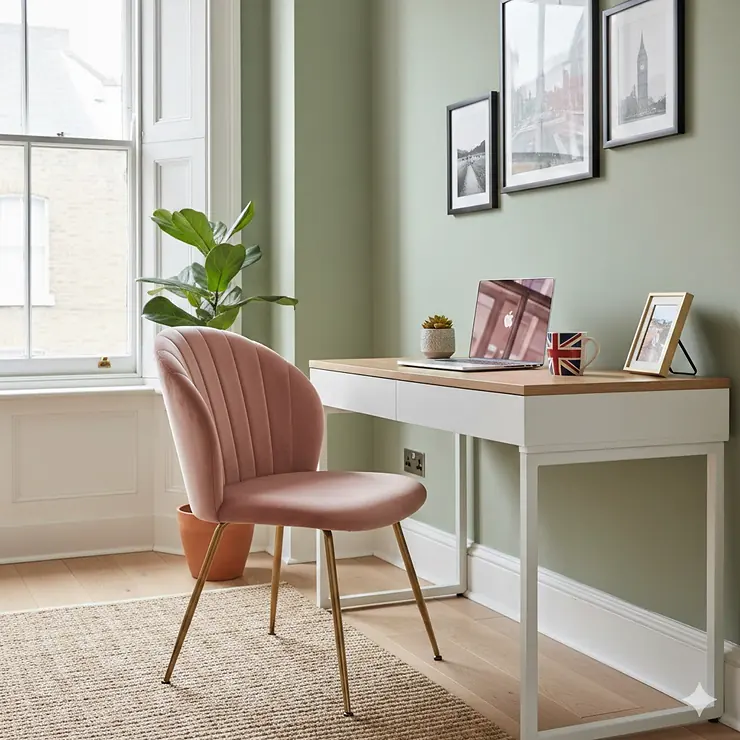 A plush pink velvet desk chair with gold legs styled in a modern UK home office next to a window. pink velvet desk chair for home office