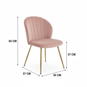 Diagram showing the height, width, and seat depth of a pink velvet desk chair in centimetres.